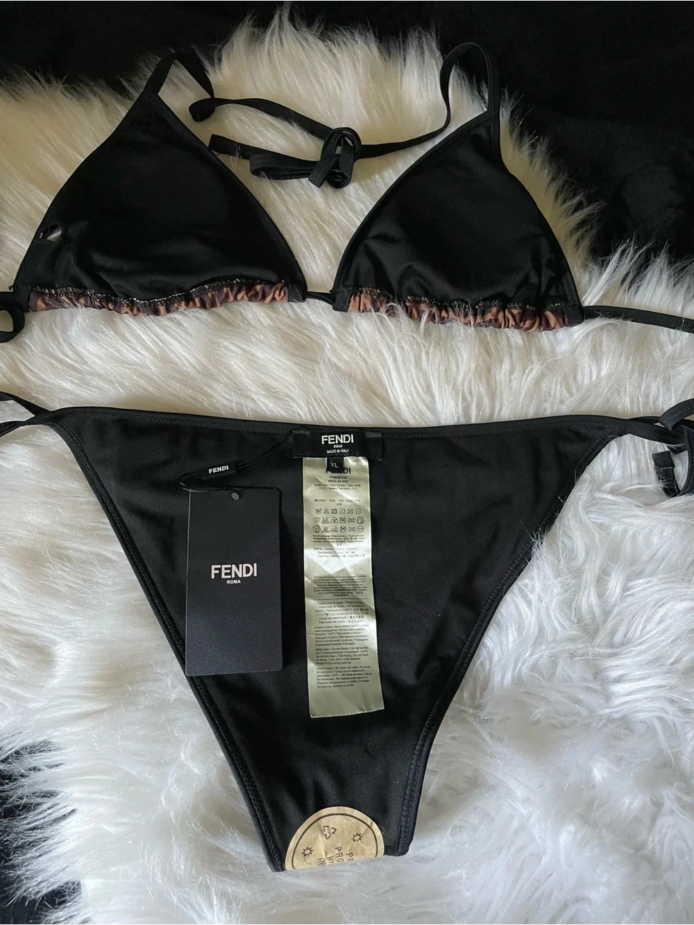 Fendi Brown FF Logo Triangle Bikini with Black Trim